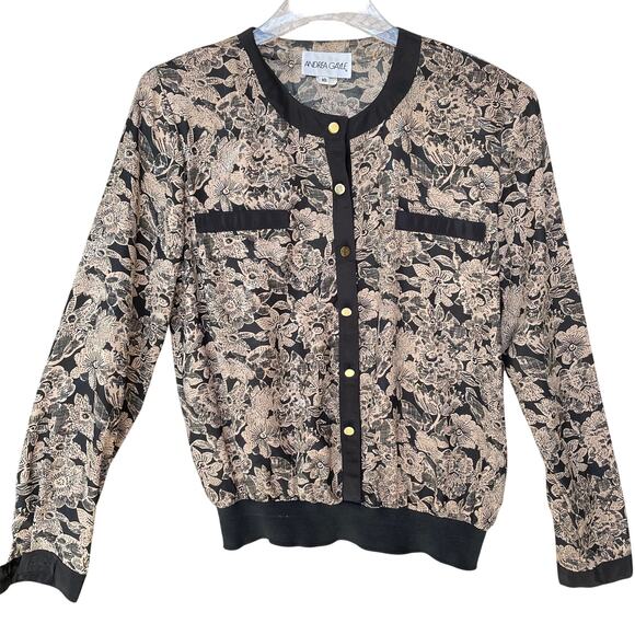 Andrea Gayle VTG Women's Button Up Cardigan Blouse Long Sleeve Cream Black Sz 10 - Picture 1 of 8